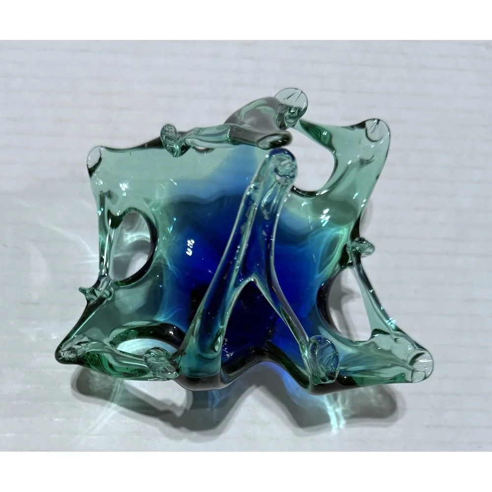 Vintage Murano Style MCM Blue‎ Green Art Glass Basket - Size 4.5 x 4.5 x 4